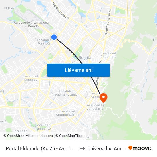 Portal Eldorado (Ac 26 - Av. C. De Cali) to Universidad América map