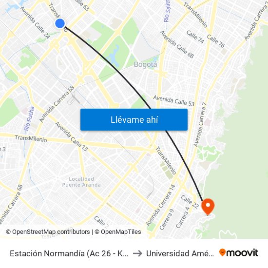 Estación Normandía (Ac 26 - Kr 74) to Universidad América map