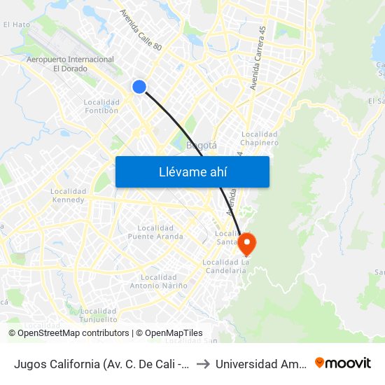 Jugos California (Av. C. De Cali - Ac 63) to Universidad América map