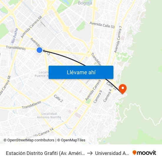 Estación Distrito Grafiti (Av. Américas - Kr 53a) to Universidad América map