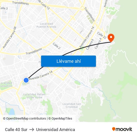 Calle 40 Sur to Universidad América map