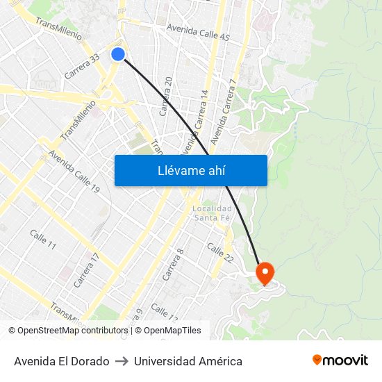 Avenida El Dorado to Universidad América map