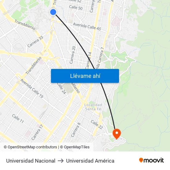 Universidad Nacional to Universidad América map