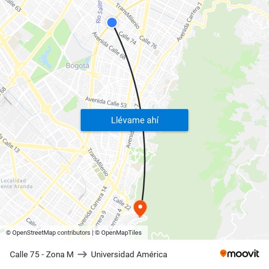 Calle 75 - Zona M to Universidad América map