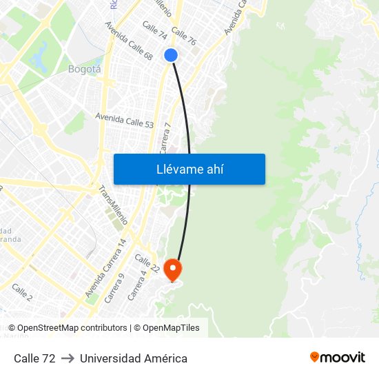 Calle 72 to Universidad América map