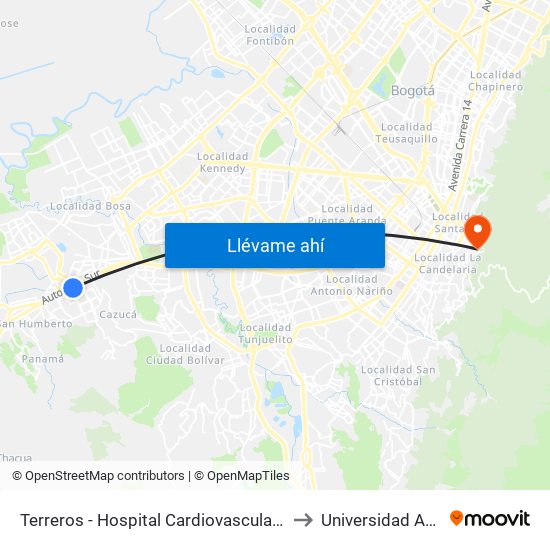 Terreros - Hospital Cardiovascular (Lado Sur) to Universidad América map