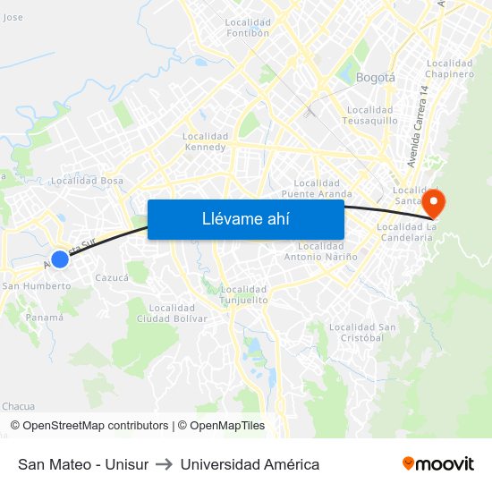 San Mateo - Unisur to Universidad América map