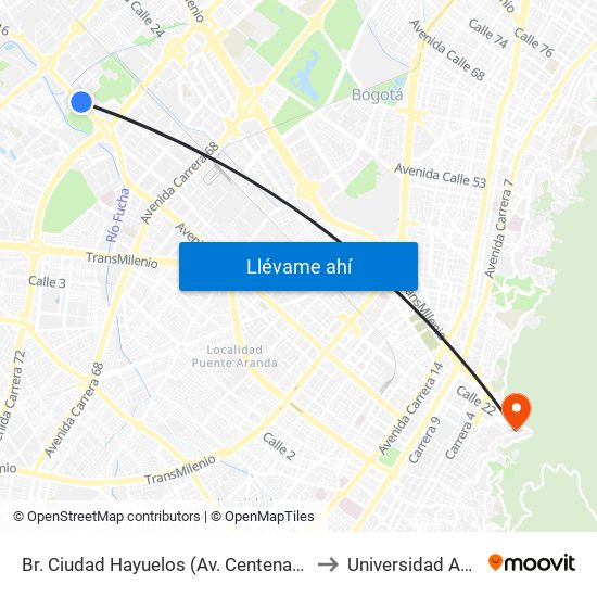 Br. Ciudad Hayuelos (Av. Centenario - Kr 78g) to Universidad América map