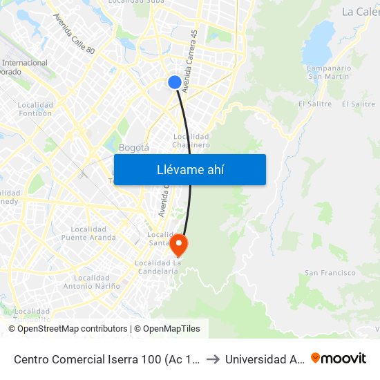 Centro Comercial Iserra 100 (Ac 100 - Kr 54) (B) to Universidad América map