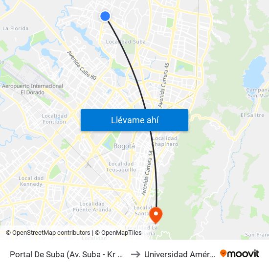 Portal De Suba (Av. Suba - Kr 106) to Universidad América map