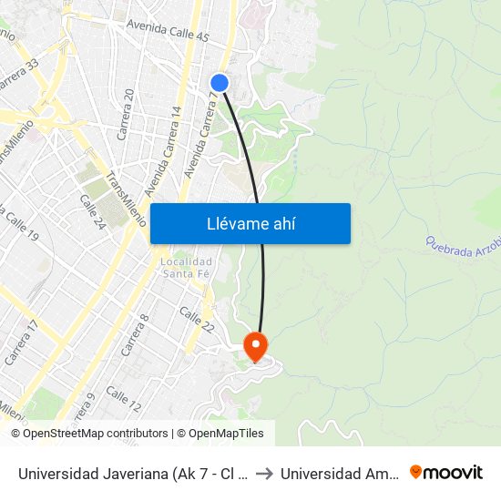 Universidad Javeriana (Ak 7 - Cl 40) (B) to Universidad América map