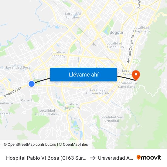 Hospital Pablo VI Bosa (Cl 63 Sur - Kr 77g) (A) to Universidad América map