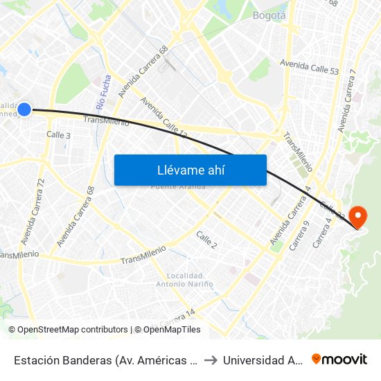 Estación Banderas (Av. Américas - Kr 78a) (A) to Universidad América map