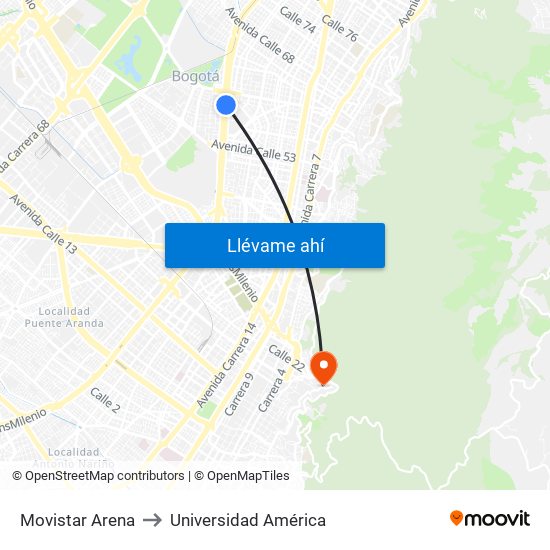 Movistar Arena to Universidad América map