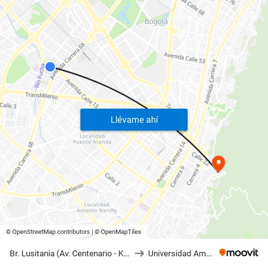 Br. Lusitania (Av. Centenario - Kr 68b) to Universidad América map