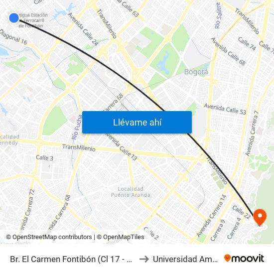 Br. El Carmen Fontibón (Cl 17 - Kr 100) to Universidad América map