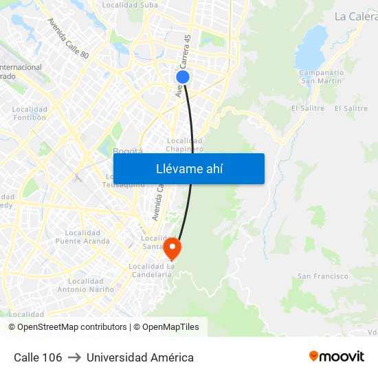 Calle 106 to Universidad América map