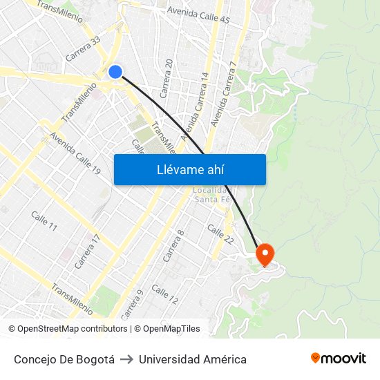 Concejo De Bogotá to Universidad América map