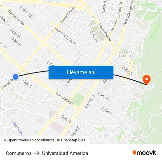 Comuneros to Universidad América map