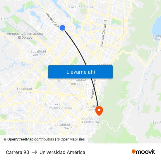 Carrera 90 to Universidad América map