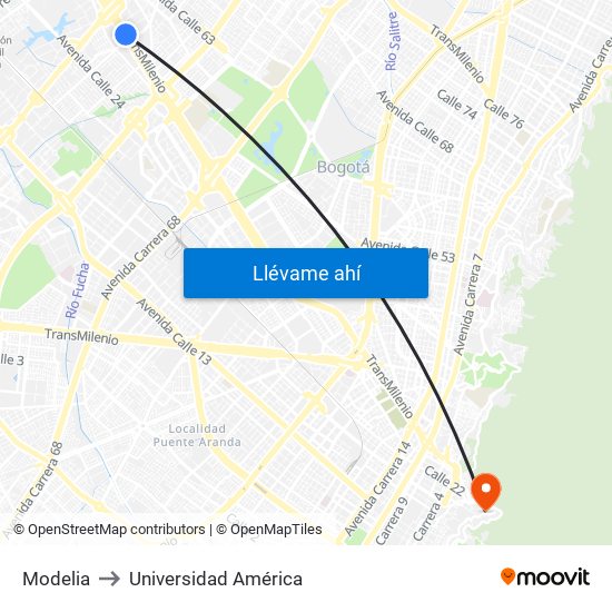 Modelia to Universidad América map