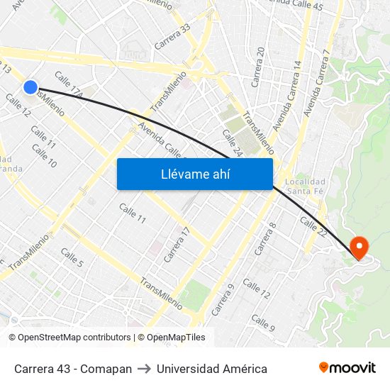 Carrera 43 - Comapan to Universidad América map