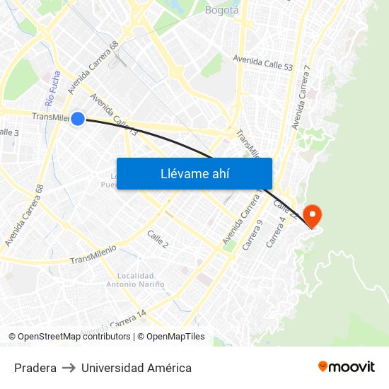 Pradera to Universidad América map