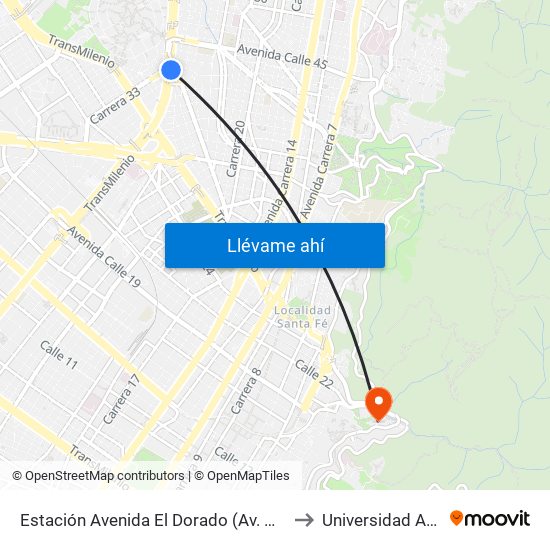 Estación Avenida El Dorado (Av. NQS - Cl 40a) to Universidad América map