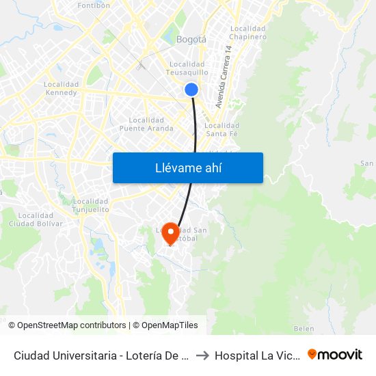 Ciudad Universitaria - Lotería De Bogotá to Hospital La Victoria map