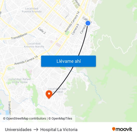 Universidades to Hospital La Victoria map