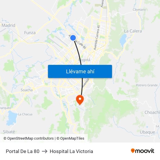 Portal De La 80 to Hospital La Victoria map