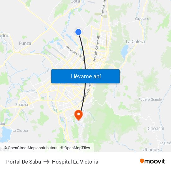 Portal De Suba to Hospital La Victoria map