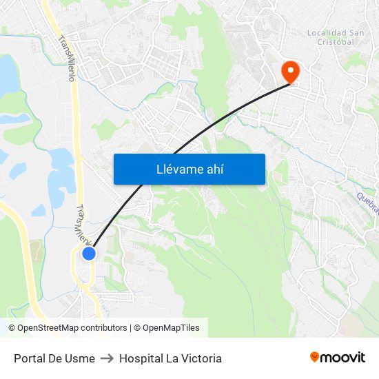 Portal De Usme to Hospital La Victoria map