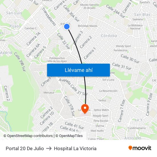 Portal 20 De Julio to Hospital La Victoria map