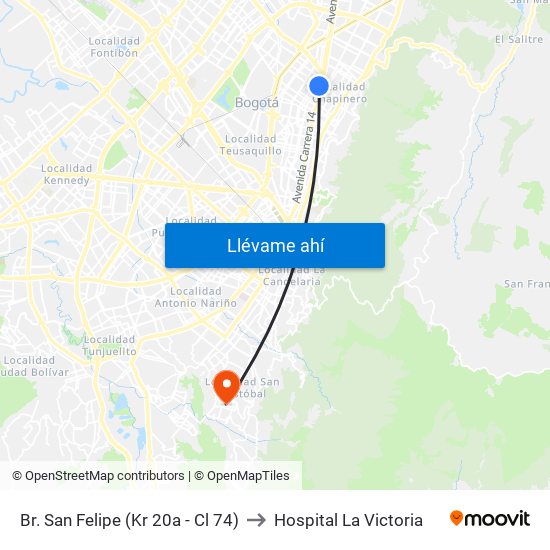 Br. San Felipe (Kr 20a - Cl 74) to Hospital La Victoria map