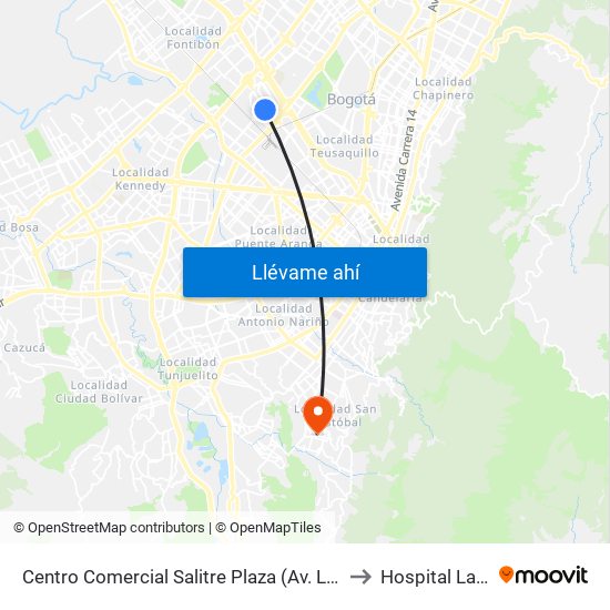 Centro Comercial Salitre Plaza (Av. La Esperanza - Kr 68b) to Hospital La Victoria map