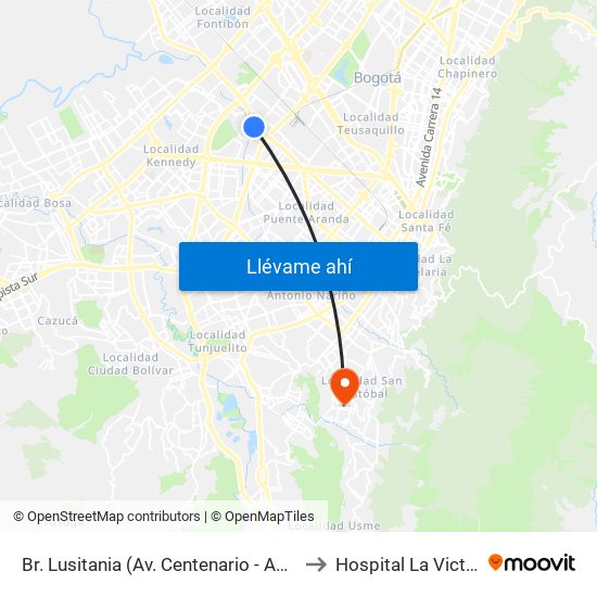 Br. Lusitania (Av. Centenario - Ak 68d) to Hospital La Victoria map