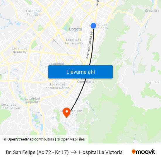 Br. San Felipe (Ac 72 - Kr 17) to Hospital La Victoria map