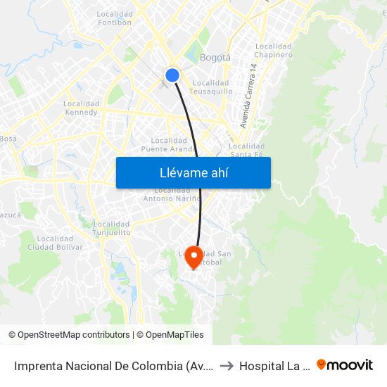 Imprenta Nacional De Colombia (Av. Esperanza - Kr 66) to Hospital La Victoria map