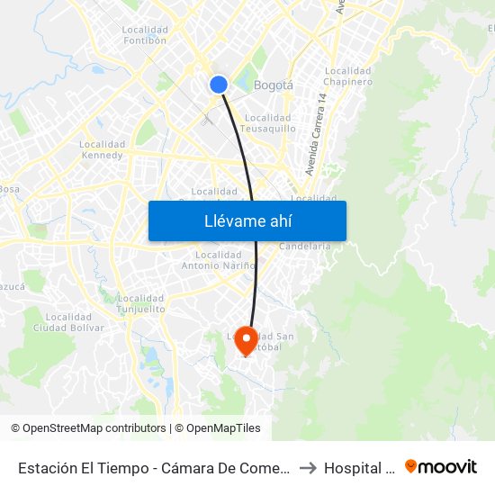 Estación El Tiempo - Cámara De Comercio De Bogotá (Ac 26 - Kr 68b Bis) to Hospital La Victoria map