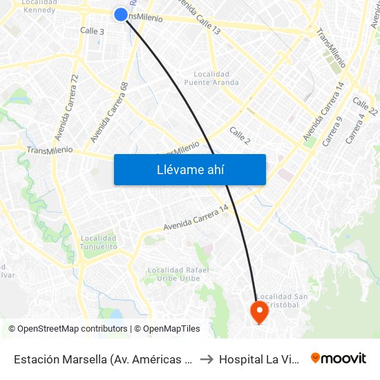 Estación Marsella (Av. Américas - Kr 69b) to Hospital La Victoria map