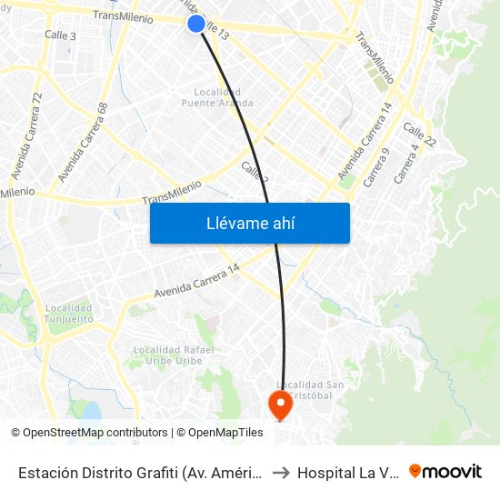 Estación Distrito Grafiti (Av. Américas - Kr 53a) to Hospital La Victoria map