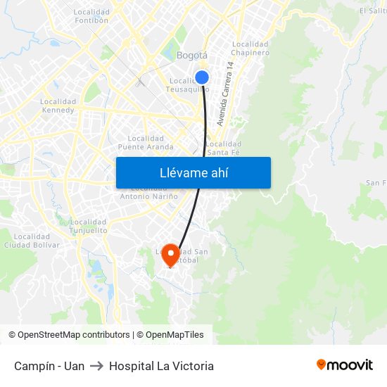 Campín - Uan to Hospital La Victoria map