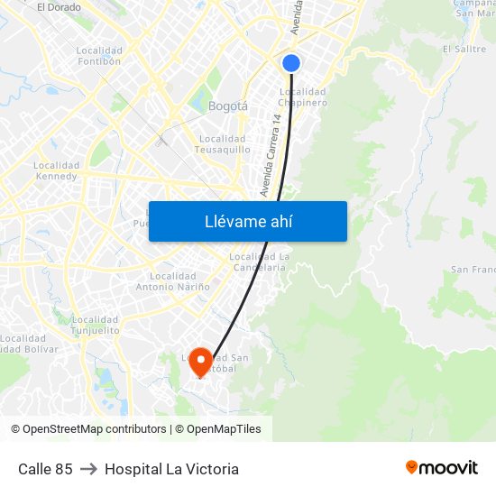 Calle 85 to Hospital La Victoria map