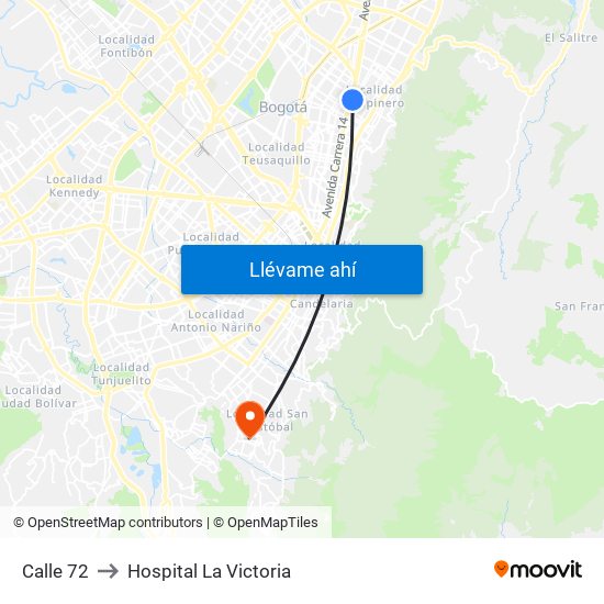 Calle 72 to Hospital La Victoria map