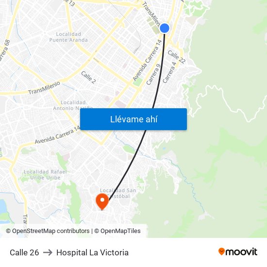 Calle 26 to Hospital La Victoria map