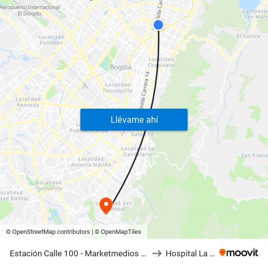 Estación Calle 100 - Marketmedios (Auto Norte - Cl 98) to Hospital La Victoria map
