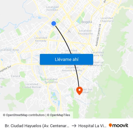 Br. Ciudad Hayuelos (Av. Centenario - Kr 78g) to Hospital La Victoria map