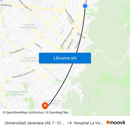 Universidad Javeriana (Ak 7 - Cl 40) (B) to Hospital La Victoria map