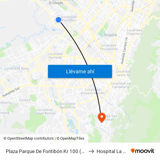 Plaza Parque De Fontibón Kr 100 (Kr 100 - Cl 17a) to Hospital La Victoria map